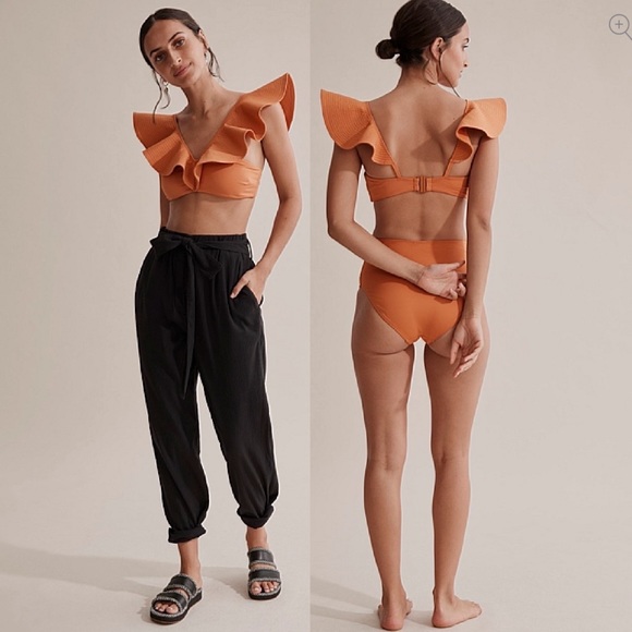 CR ➰ ladies orange ruffle off shoulders bikini top XS - Picture 2 of 8